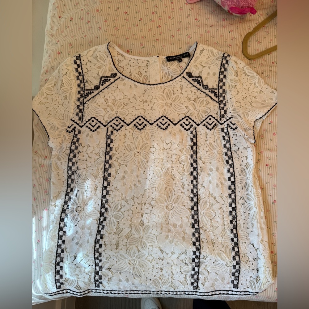 Generation Love White Lace Blouse with Black Detailing